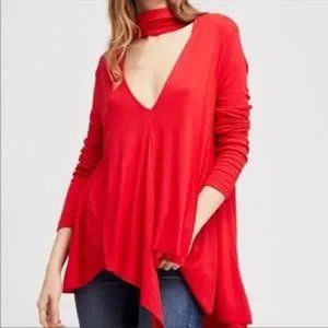 Free People Uptown Red Ribbed Turtleneck Tunic with Cutout Long Sleeve Small